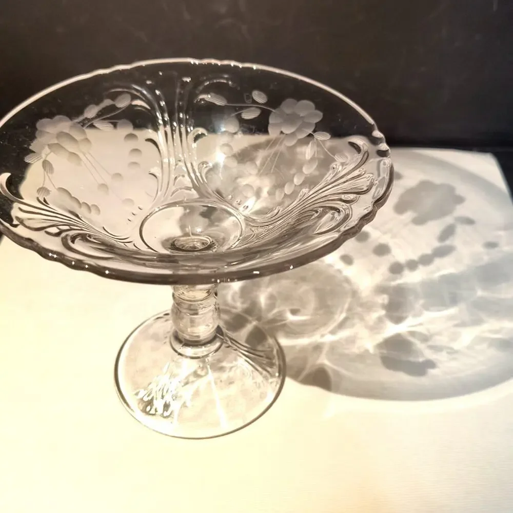 1147. Vintage Etched Crystal Compote Pedestal Base UV Reactive